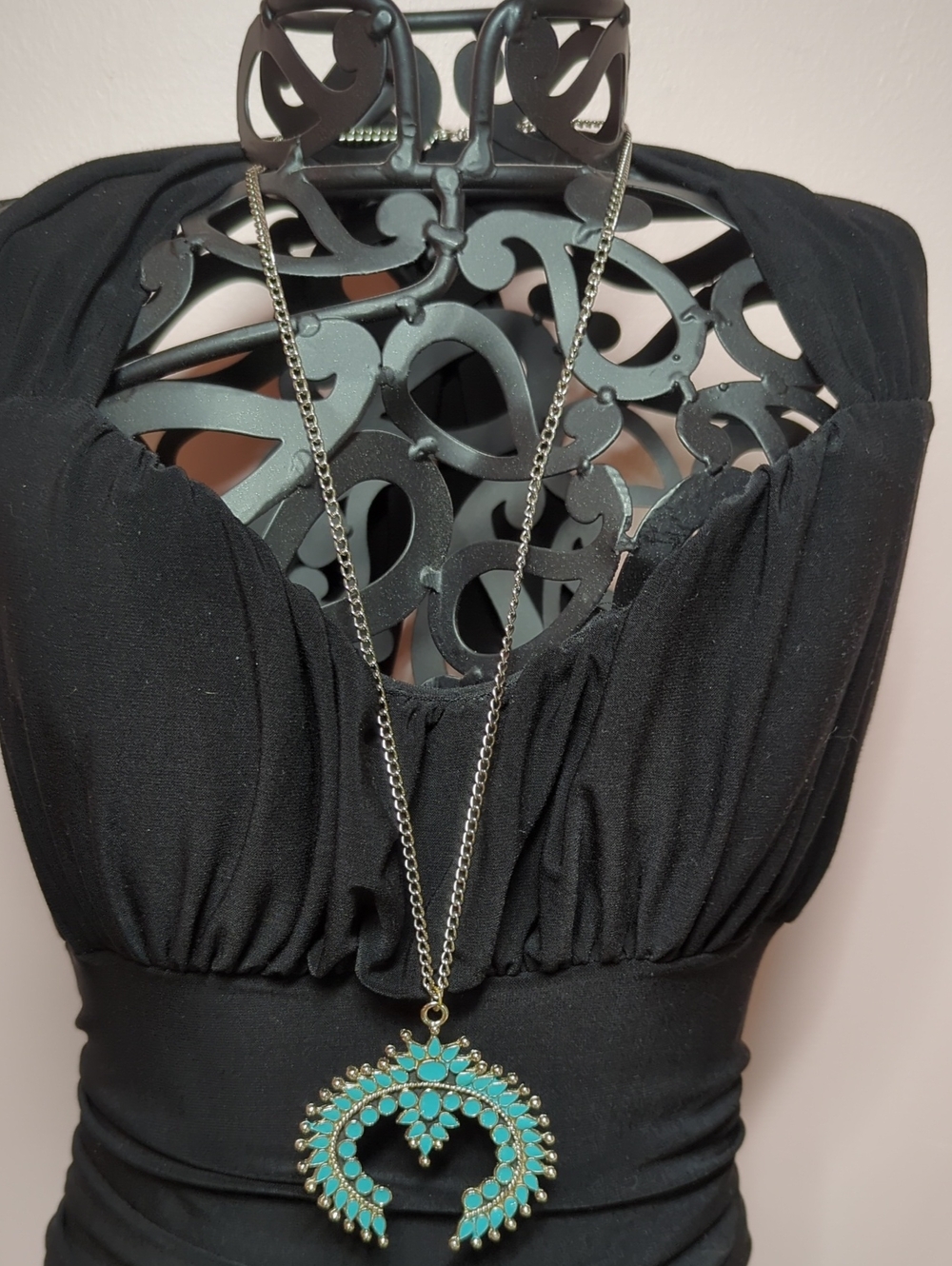 Vintage 70s Boho Naja Necklace Faux Turquoise Crescent Retro Southwestern Pendan - Picture 2 of 3